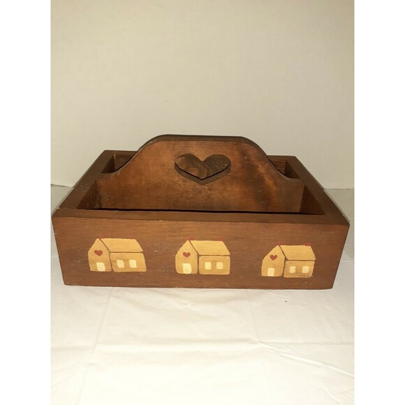 Vtg 1980's Boho Handmade Rustic Solid Wood Rectangle Caddy Tote Brown Painted - Picture 5 of 11